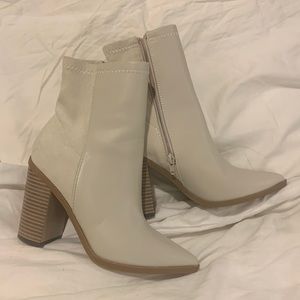 Lulus bone mid-calf booties, size 6.5, new in box. 8” shaft, 3.75” stacked heel